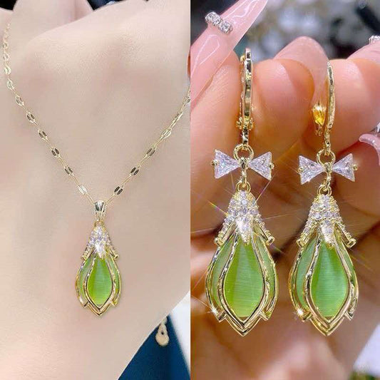 Blue Hibiscus Cat's Eye Stone Necklace &Ear Buckle Set