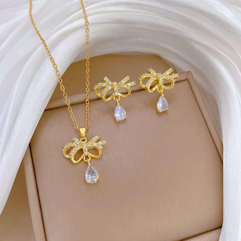 Rhinestone Bow Teardrop Necklace & Earring Jewelry Set