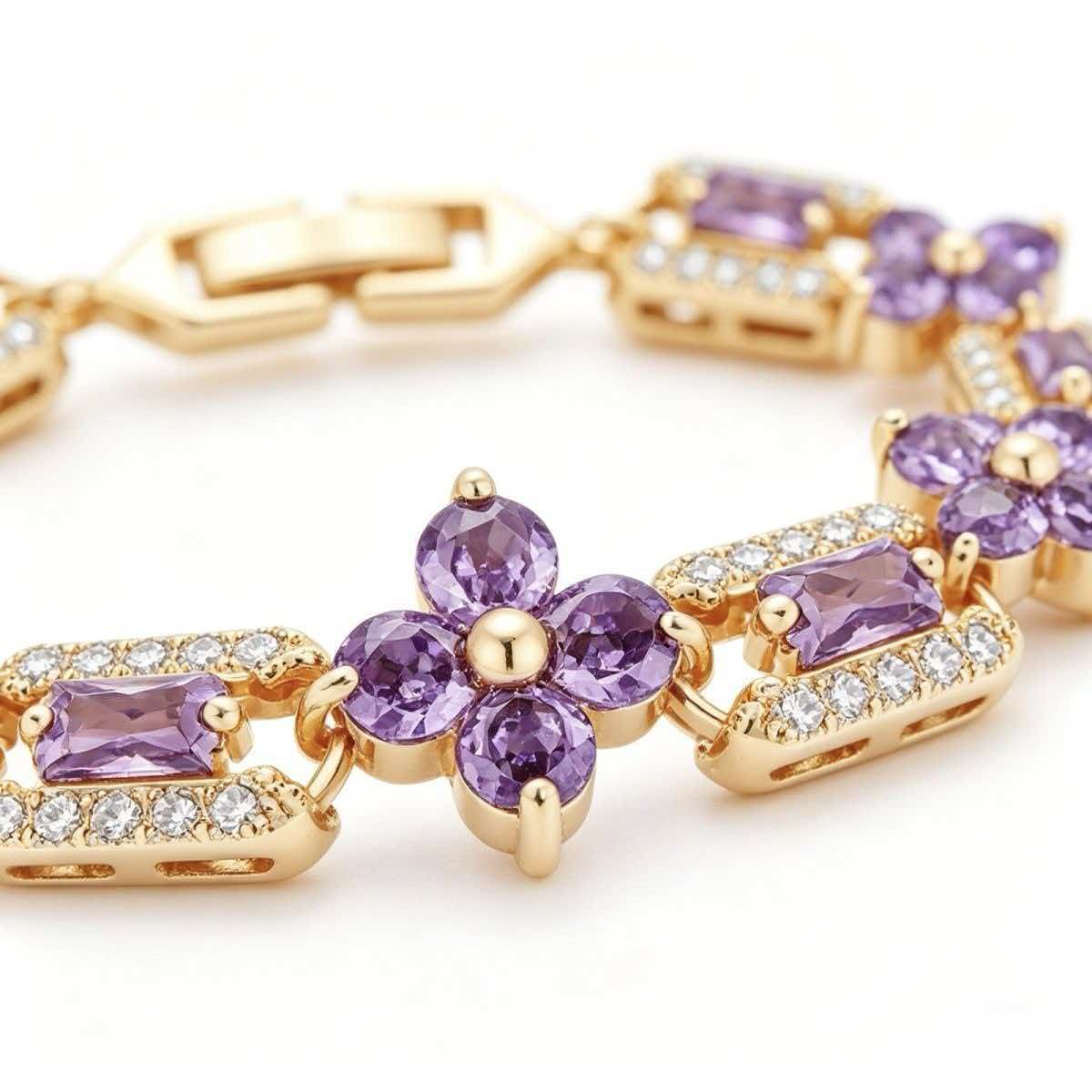 Purple Floral Bracelet with Square Rhinestones