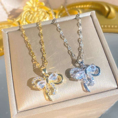 Double Layer Zircon Bow Necklace
