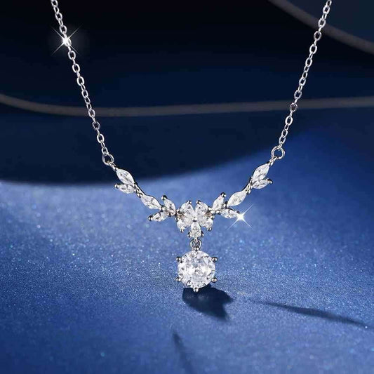 Floral Wheat Branch CZ Necklace, Silver Plated 925