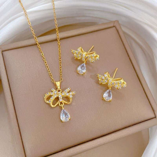 Rhinestone Bow Teardrop Necklace & Earring Jewelry Set