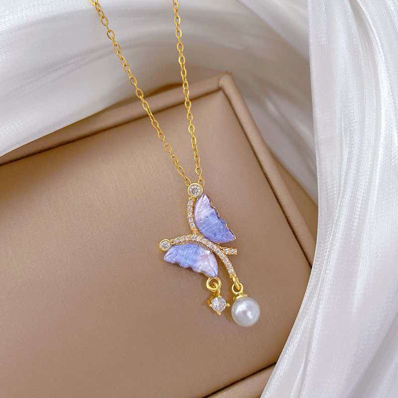 Blue Bow Imitation Pearl Necklace