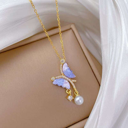 Blue Bow Imitation Pearl Necklace