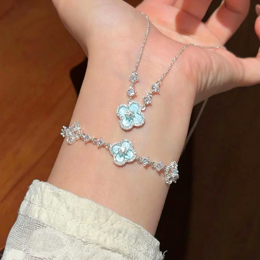 Lucky Clover Rhinestone Bracelet & Necklace Jewelry Set