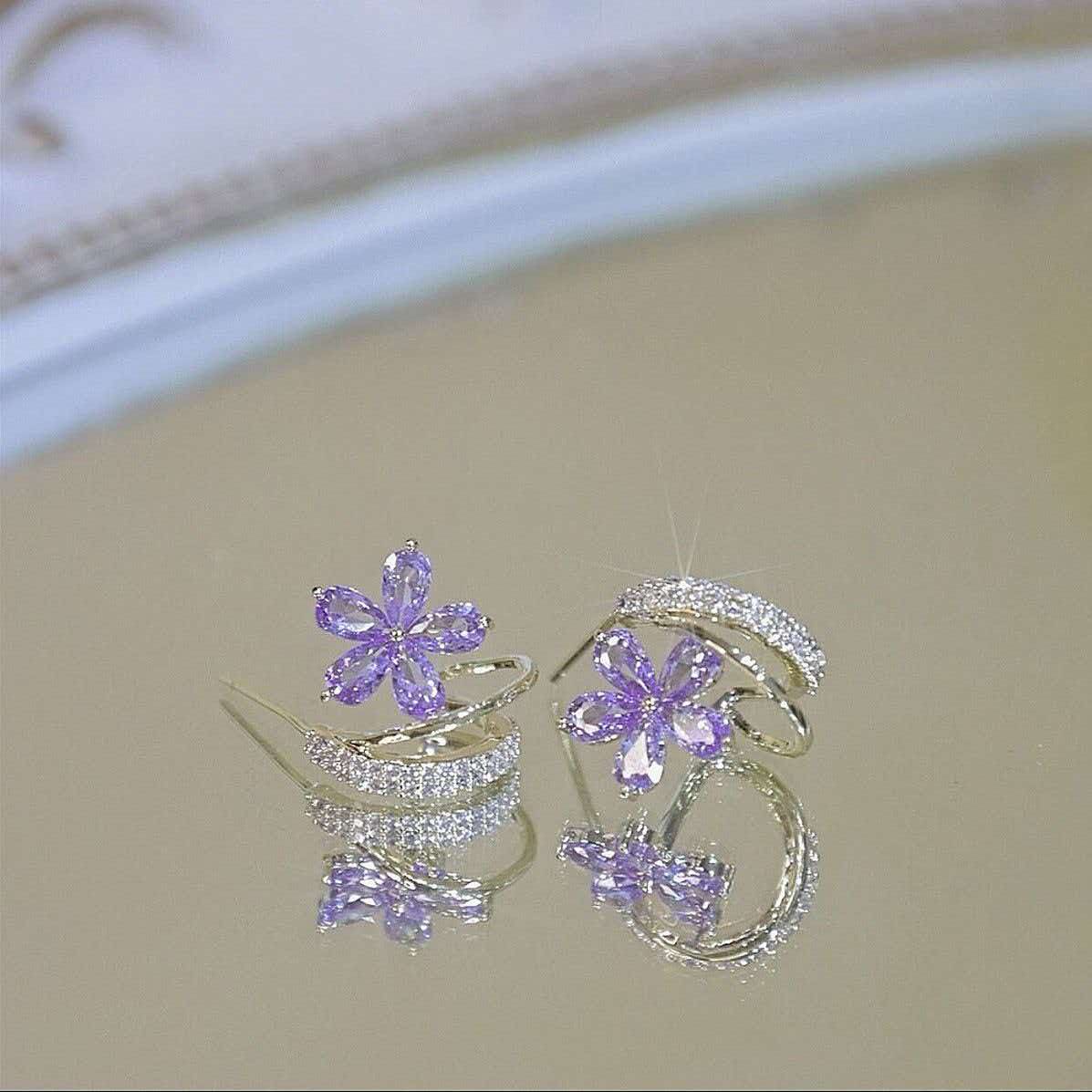 Purple Zircon Flower Earrings with S925 Silver Needle
