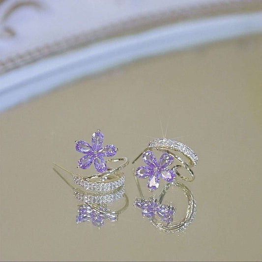 Purple Zircon Flower Earrings with S925 Silver Needle