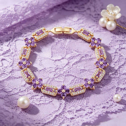 Purple Floral Bracelet with Square Rhinestones