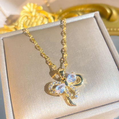 Double Layer Zircon Bow Necklace