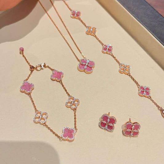 Vintage Rose Pink Clover Jewelry Set