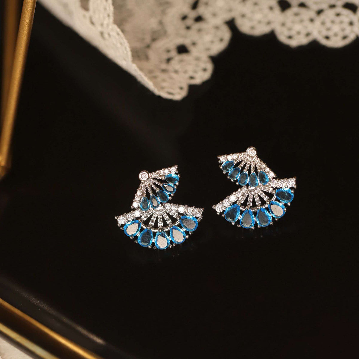 Deep Blue Crystal Folding Fan Jewelry Set