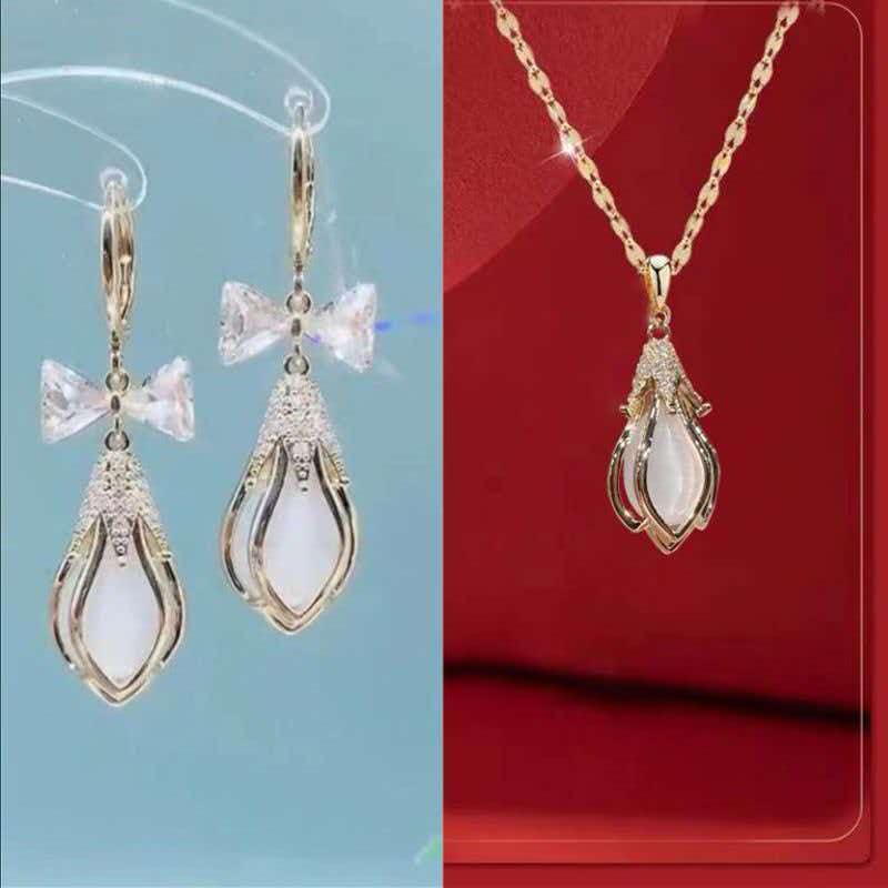 Blue Hibiscus Cat's Eye Stone Necklace &Ear Buckle Set