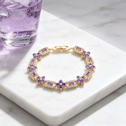 Purple Floral Bracelet with Square Rhinestones