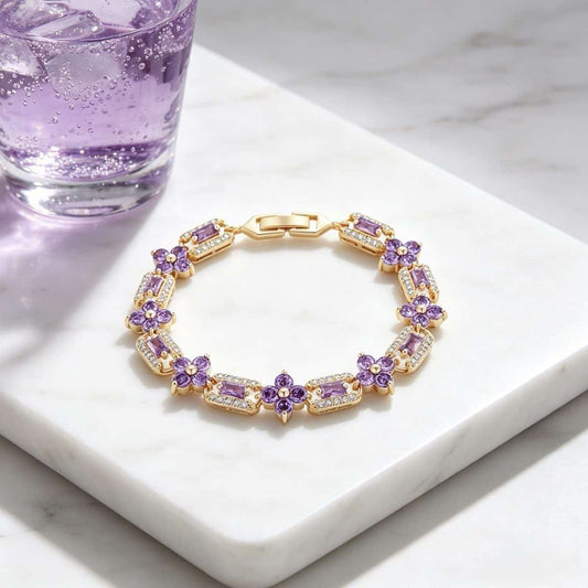 Purple Floral Bracelet with Square Rhinestones